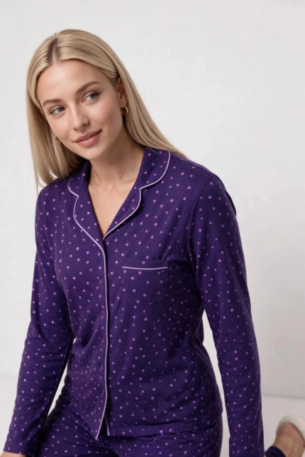 Pjs 30167 Kadın Uzun Kol Puantiyeli Düğmeli Pijama Takımı