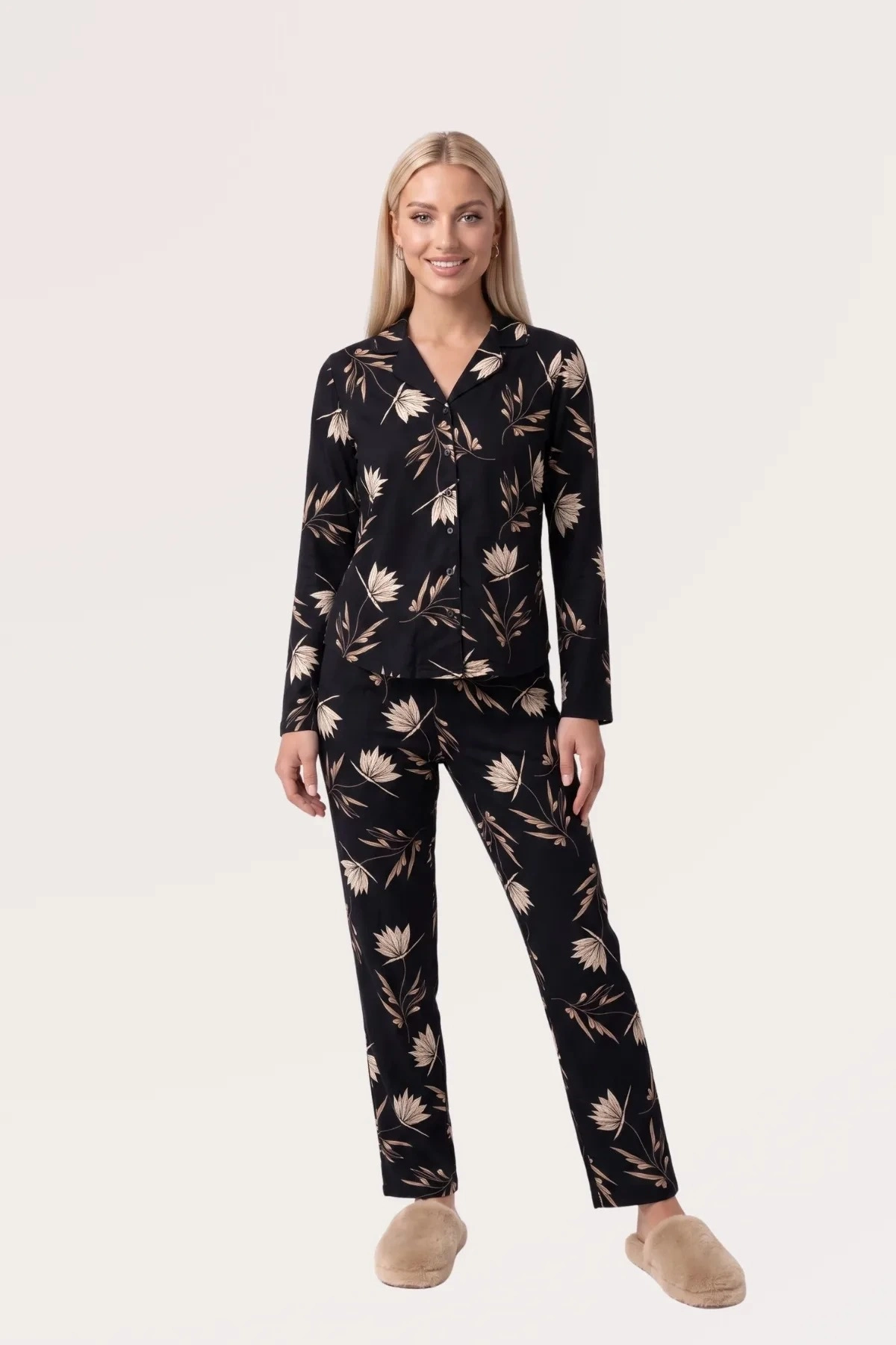 pjs-30185-kadin-onden-dugmeli-uzun-kol-pijama-takimi Pjs 30185 Kadın Önden Düğmeli Uzun Kol Pijama Takımı - Görsel 1